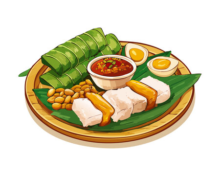 Complete nasi lemak set with egg and various side dishes served on traditional woven plate tray - Vector Illustration