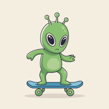 Cute Green Alien Riding a Skateboard