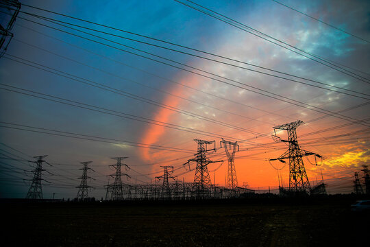 Pylon, high-voltage tower sky background.
