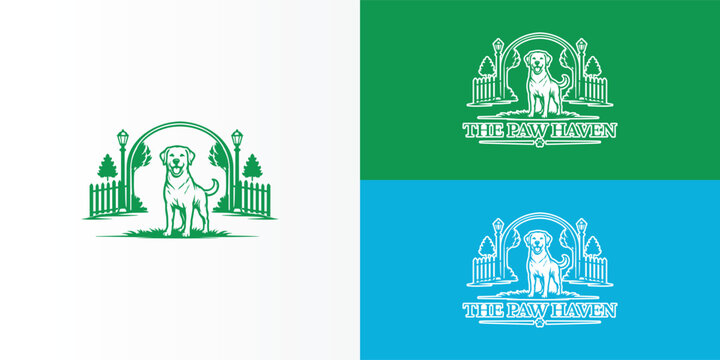 A welcoming green logo for a private dog park. A friendly Retriever stands under a classic archway flanked by ornate lampposts, a white picket fence, and stylized trees represent a canine sanctuary.