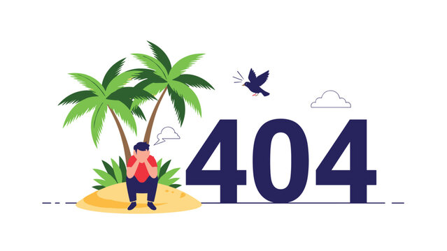 Distressed man sits on a tiny island with a palm tree next to a large 404 error message indicating a lost internet connection.