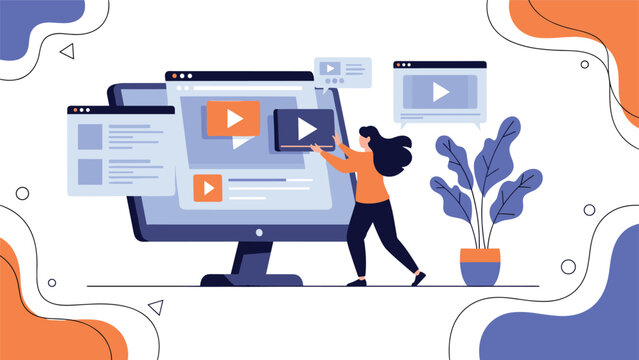 Video editor manages a digital content library on a large monitor, organizing video files and thumbnails for a media channel.