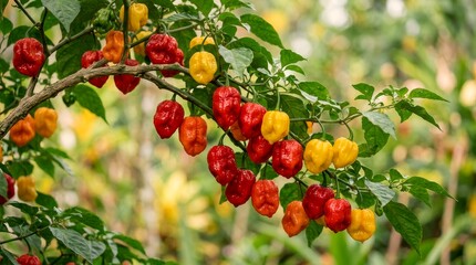 Obraz premium Scotch bonnet peppers growing on plant vibrant red and yellow chili peppers close up agriculture