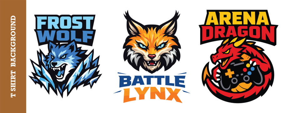 Frost wolf battle lynx and arena dragon esport mascot logos for gaming team branding design.