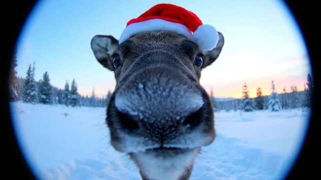 Funny Reindeer Wearing Santa Claus Hat in Snowy Winter Landscape with Fish-eye Lens Perspective