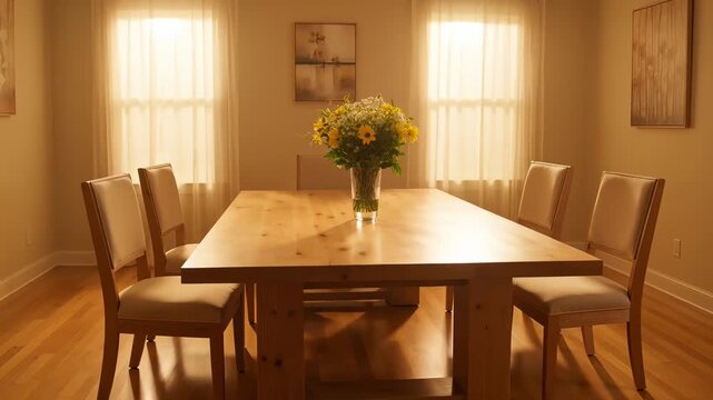Warm Sunlit Dining Room with Wooden Table and Flowers