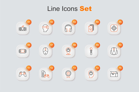 Set line Chest for game, Power button, Game rating with medal, console joystick, controller, Computer mouse, VR and icon. Vector