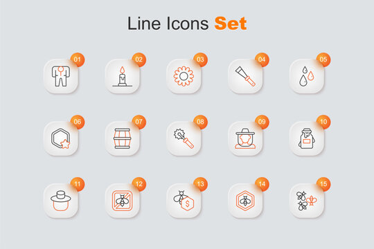 Set line Bees, and honeycomb, Sale of bees, Stop, Beekeeper with protect hat, Jar, and Cutter roll for icon. Vector