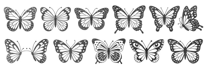 Fototapeta premium Hand Drawn Butterfly Tattoo Sticker Set, Black Sketch Silhouettes in Retro 2000s Y2K Aesthetic Style, Trendy Vector Illustration for Apparel Design, Posters, Branding, and Creative Projects