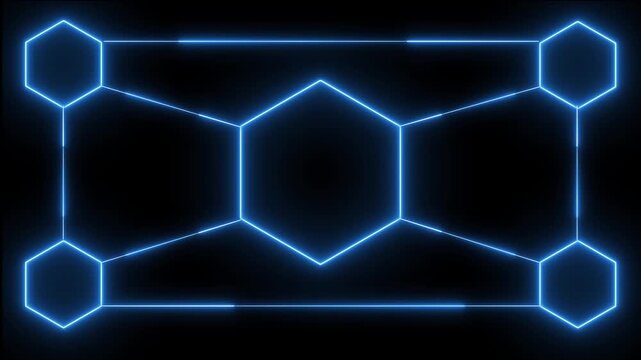 Geometric tessellation of interconnected hexagonal and rectangular shapes in blue neon lighting