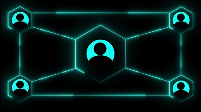 Neon-lit geometric structure with interconnected hexagonal and linear shapes glowing in blue.