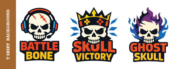 Fototapeta premium Battle bone skull with headphones and microphone gaming logo.