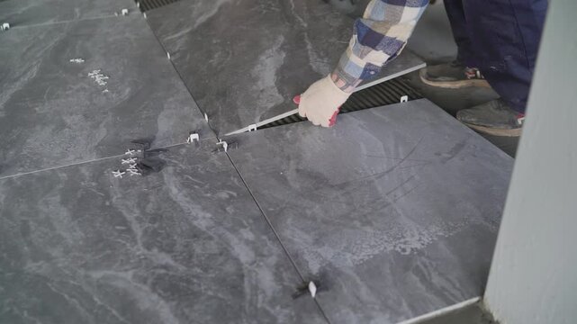 Close up of a tiler installing large grey floor tiles. A worker places a ceramic tile on adhesive and uses a leveling system during a home renovation or construction project.