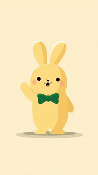 A minimal kawaii-style yellow Easter bunny waving with one paw, wearing a simple green bow tie. The design is clean and centered with a soft pastel background. Smooth shapes, bright cheerful tones