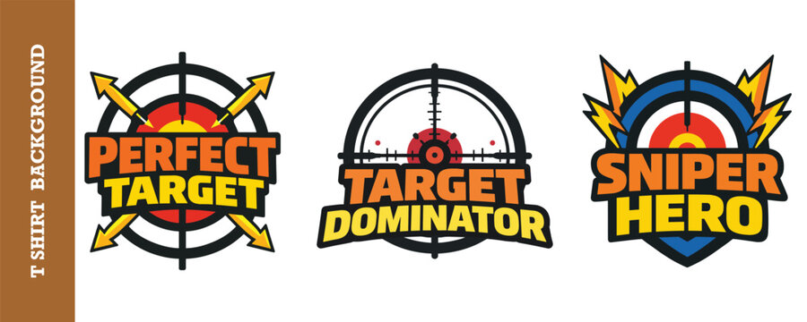 Perfect target emblem, target dominator design, sniper hero badge set.