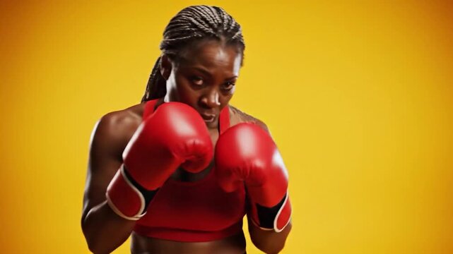 A determined athlete in boxing gloves prepares for a match