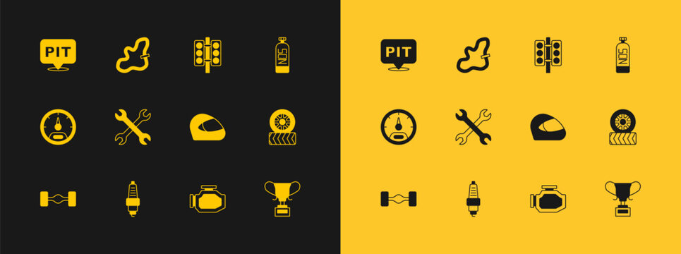 Set Nitrous oxide, Car spark plug, Racing helmet, Check engine, Wrench spanner, traffic light, Pit stop and track icon. Vector