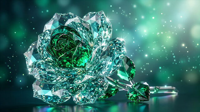 Emerald green crystal rose on a bokeh background: gem-textured flower, glass rose, fantastical floral wallpaper