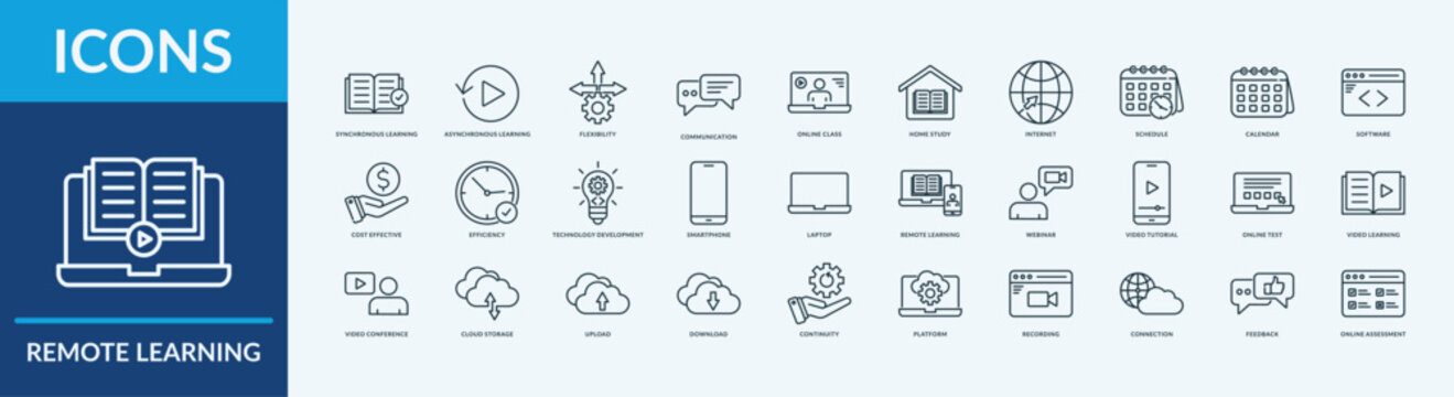 Remote Learning icon set vector illustration. Containing icon of smartphone, laptop, webinar and more. Outline icon symbol collection
