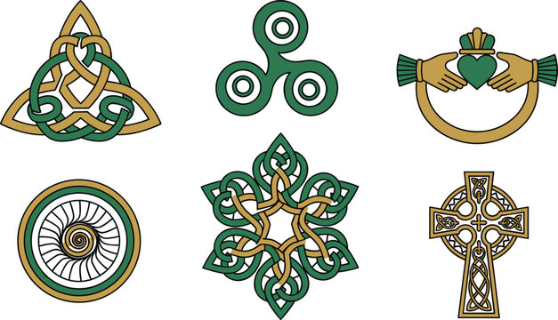 Celtic Irish Symbols Set with Trinity Knot Shamrock Claddagh Cross Spiral and Ornamental Patterns Flat Vector Illustration Collection