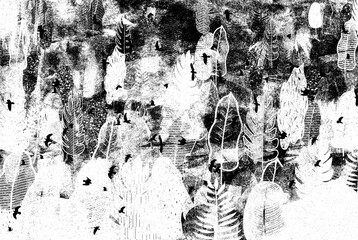 Ilustracja czarno-biała grafika ptaki na abstrakcyjnym leśnym tle. Hand made drawing.   © Monika