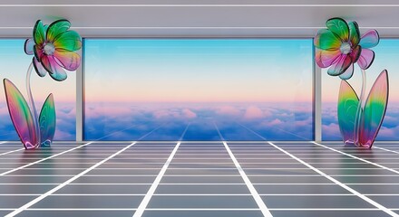 Naklejka premium 3d futuristic glass room with rainbow flower sculptures and sky view window interior