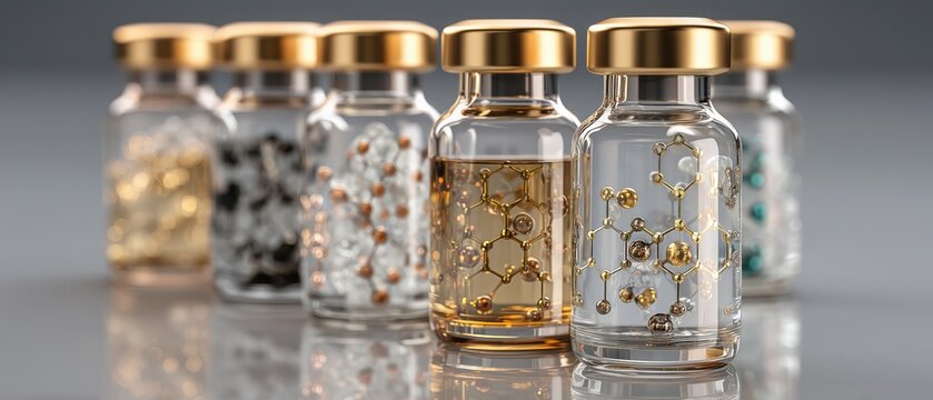 Innovative transparent peptide molecules in vials showcase biotechnology for advanced anti aging skincare solutions