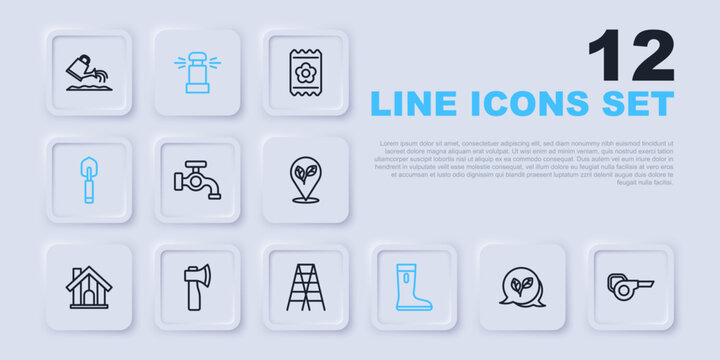 Set line Leaf, garden blower, Water tap, Waterproof rubber boot, Garden trowel spade or shovel, Wooden axe, Automatic irrigation sprinklers and staircase icon. Vector