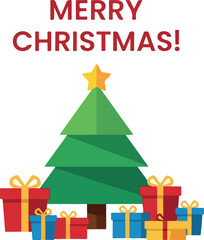 Obraz premium Merry Christmas Greeting Card With a Decorated Tree and Wrapped Gifts, Festive Celebration and Holiday Wishes