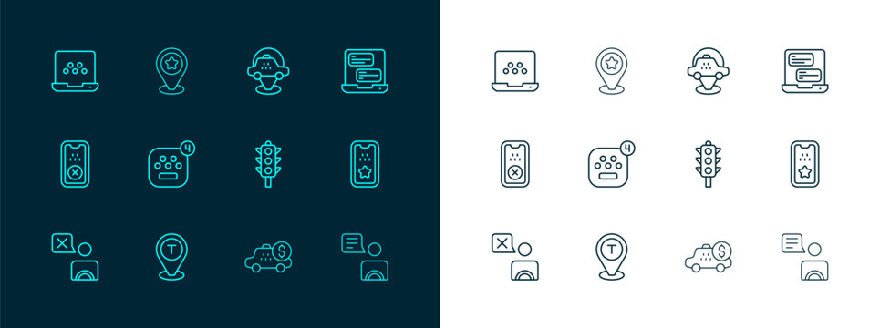Set line Taxi mobile app, Location taxi car, Traffic light, Taximeter device, and with star icon. Vector