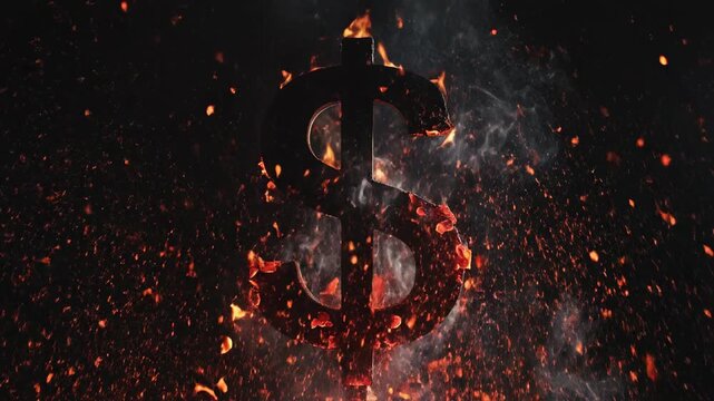 Flaming dollar sign silhouette surrounded by bright flames and sparks, transitioning from intense fire to smoke against a dark background in a visually striking display