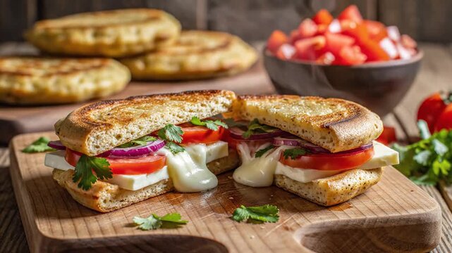 Grilled cornmeal arepa sandwich halves on a rustic wooden cutting board, filled with gooey melted white cheese, fresh tomato slices, red onions, and cilantro garnishing.