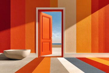 Fototapeta premium Open door framed in red and gold colors evoking Germany, striped interior opening to sea view and sunlight