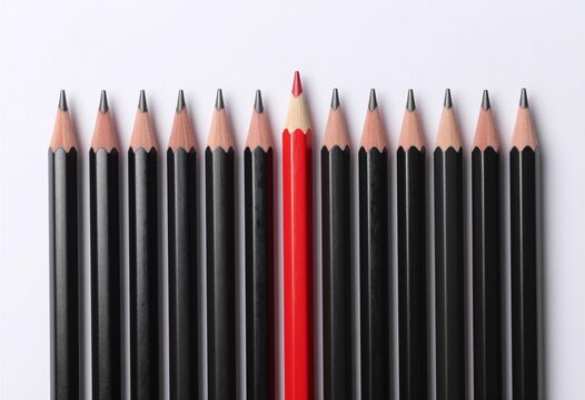 A row of ten black pencils with sharpened tips, one red pencil standing out as an exception at the center against a plain white background.
