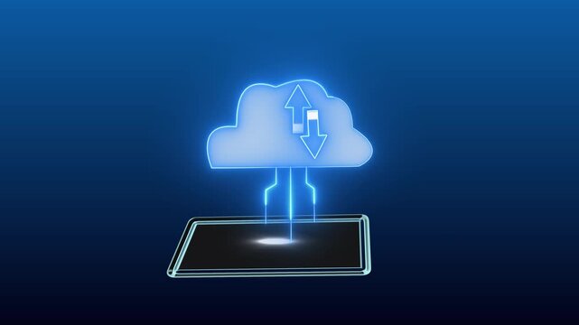 Modern depiction of cloud computing and data synchronization with a tablet device