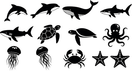 Marine Animals Silhouette Set with Dolphin Whale Shark Turtle Octopus Jellyfish Crab and Starfish Black Vector Illustration Collection © Imran