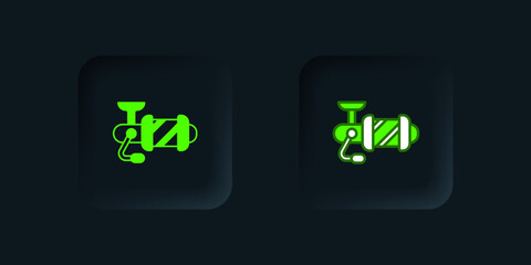 Fototapeta premium Green Spinning reel for fishing icon isolated on black background. Fishing coil. Fishing tackle. Black square button. Vector