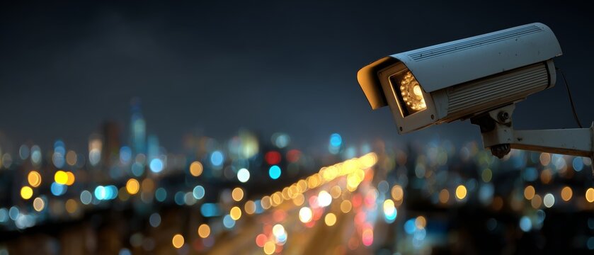 Night view of a city through a security camera with blurred lights in the background