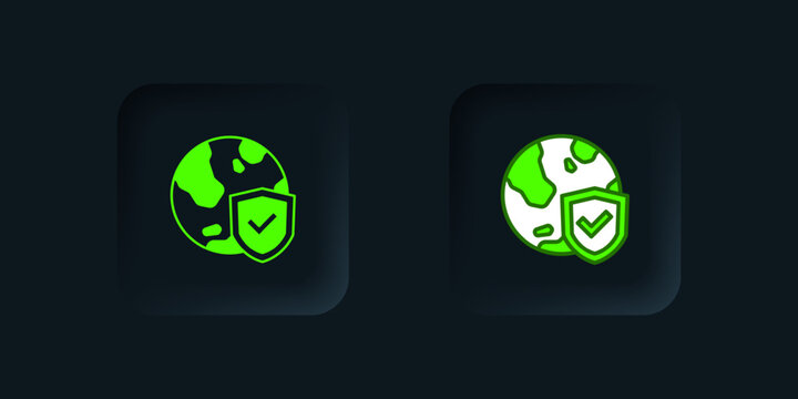 Green Shield with world globe icon isolated on black background. Insurance concept. Security, safety, protection, privacy concept. Black square button. Vector
