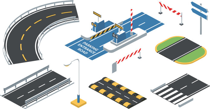 Isometric Road Infrastructure Elements Set with Highway Curve Barrier Toll Gate Speed Bump Crosswalk and Traffic Signs Vector Illustration Collection