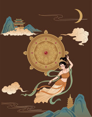 New Chinese style illustration of Dunhuang Flying Apsaras and the Dharma Wheel, featuring classical mythological characters in Guochao aesthetic. © 五 王