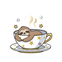 Fototapeta premium Dreamy sloth sleeping in sparkling teacup