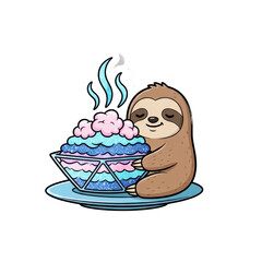 Fototapeta premium Smiling sloth hugging colorful dessert bowl