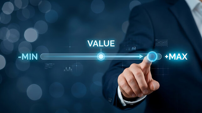 Business adjusting a digital slider interface to maximize value on a glowing blue screen with bokeh background