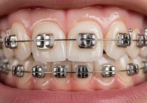 Extreme close-up of a patient's teeth showcasing traditional metal braces with silver brackets and wires, illustrating effective orthodontic treatment for teeth straightening and bite correction.