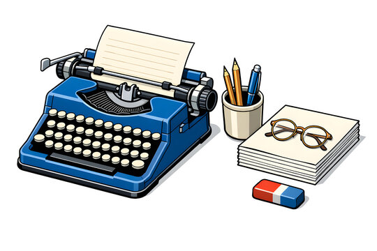 Vintage blue typewriter with writing accessories on white background