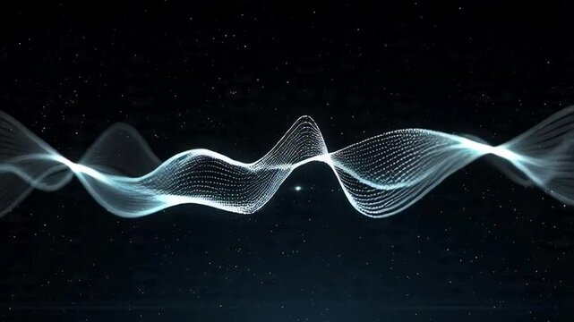 A glowing blue waveform undulates across a dark starry night sky with a light beam.