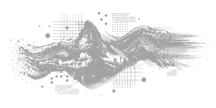 A stylized mountain landscape integrated with digital binary code and abstract geometric patterns