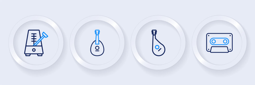 Set line Retro audio cassette tape, Bandura, Mandolin and Metronome with pendulum icon. Vector