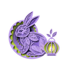 Fototapeta premium Layered paper rabbit with glowing lantern